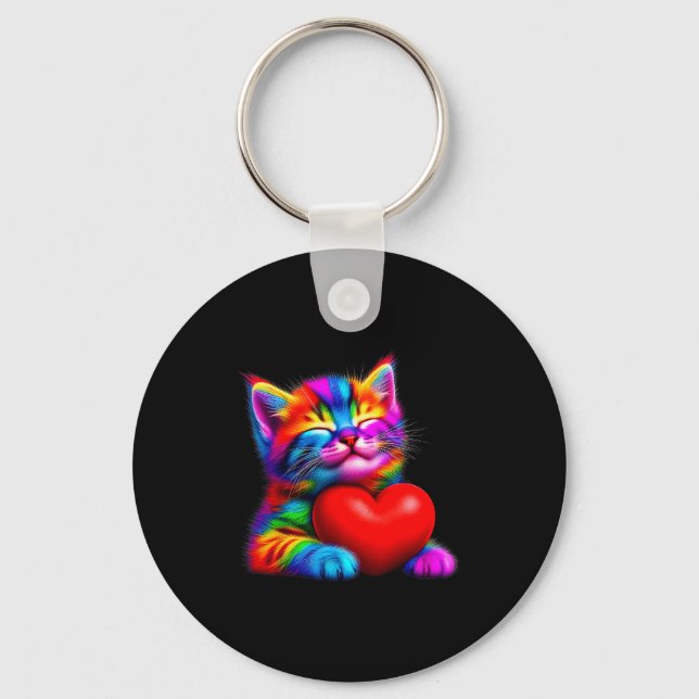 Rainbow Cute Cat Hugging Valentine Heart Kitty Lov Key Ring (Front)