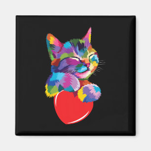 Rainbow Cute Cat Hugging Valentine Heart Kitty Lov Magnet