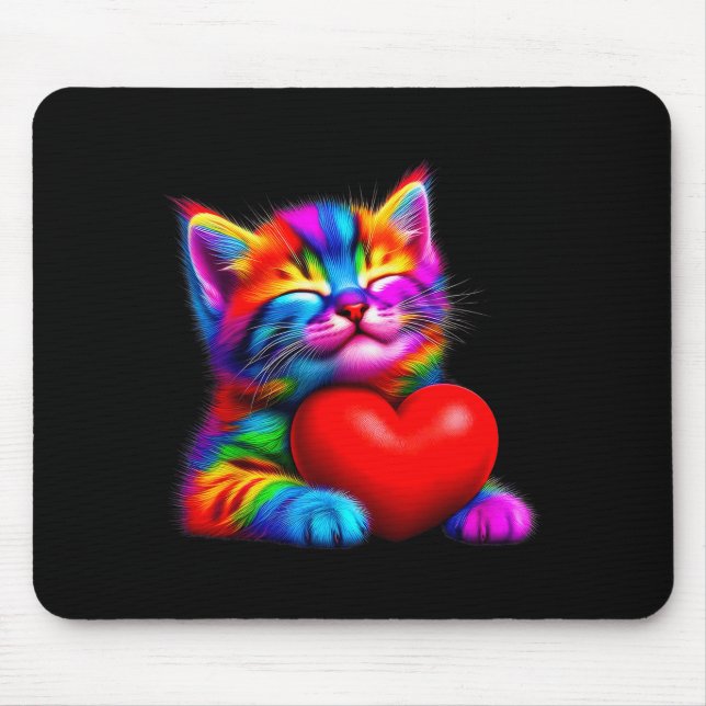 Rainbow Cute Cat Hugging Valentine Heart Kitty Lov Mouse Mat (Front)