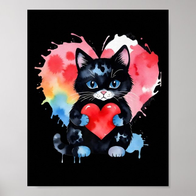 Rainbow Cute Cat Hugging Valentine Heart Kitty Lov Poster (Front)
