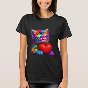 Rainbow Cute Cat Hugging Valentine Heart Kitty Lov T-Shirt