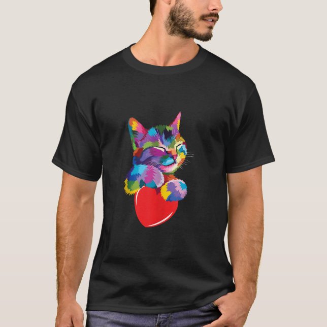 Rainbow Cute Cat Hugging Valentine Heart Kitty Lov T-Shirt (Front)