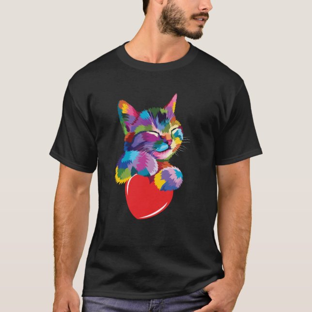 Rainbow Cute Cat Hugging Valentine Heart Kitty Lov T-Shirt (Front)