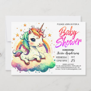Rainbow Cute Editable Unicorn Baby Shower Invitation