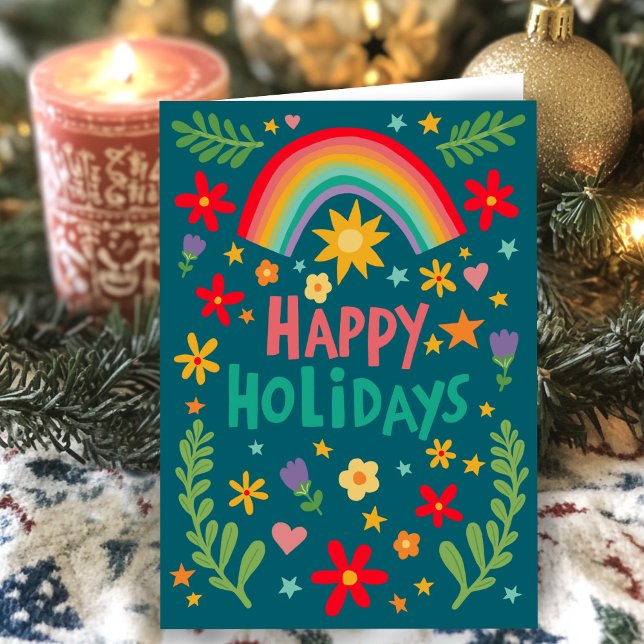 Rainbow Cute Floral Hand-drawn Colourful CUSTOM  Holiday Card (Rainbow Cute Floral Hand-drawn Colorful CUSTOM Holiday Greeting Card
)