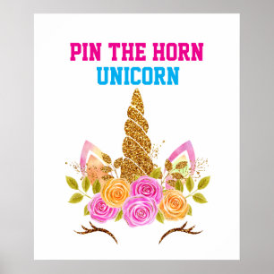 Rainbow Cute Fun Pin the Horn on the Unicorn Game Poster