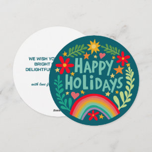 Rainbow Cute Hand-drawn Colourful CUSTOM Round Holiday Card