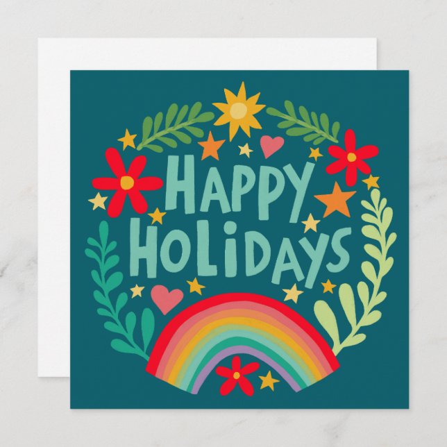 Rainbow Cute Hand-drawn Colourful CUSTOM Square Holiday Card (Front/Back)