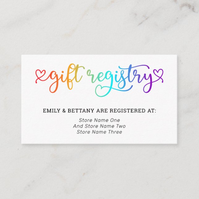 Rainbow Cute Hearts Gift Registry LGBT Wedding Enclosure Card (Front)