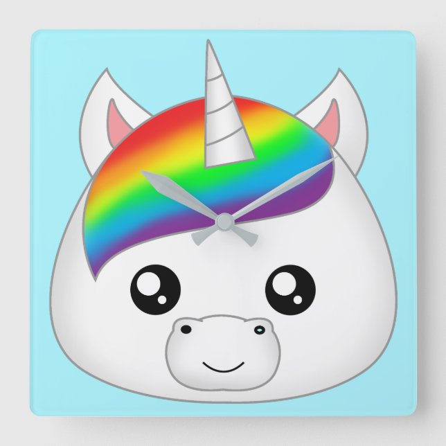 Rainbow Cute Kawaii Unicorn Face Head Square Wall Clock (Front)