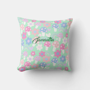 Rainbow, Cute Mushrooms And Flowers Cushion
