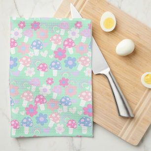 Rainbow, Cute Mushrooms And Flowers Tea Towel
