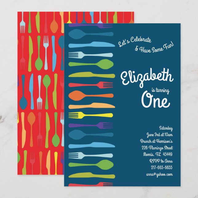 Rainbow Cutlery Cute Birthday Party Picnic Cookout Invitation (Front/Back)