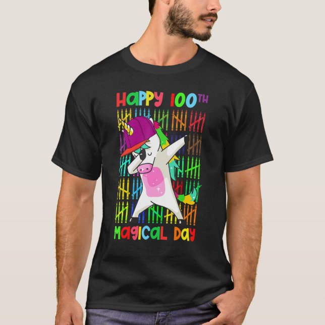 Rainbow Dabbing Unicorn 100 Days Happy 100th Magic T-Shirt (Front)