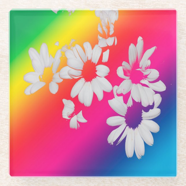 Rainbow daisies glass coaster (Front)