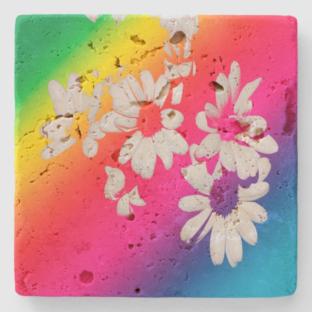 Rainbow daisies stone coaster (Front)