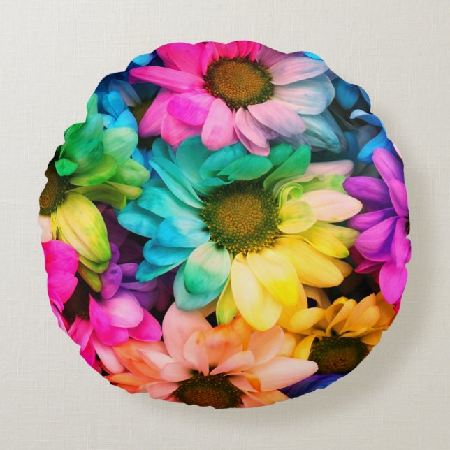Rainbow Daisy Print Round Pillow (Front)