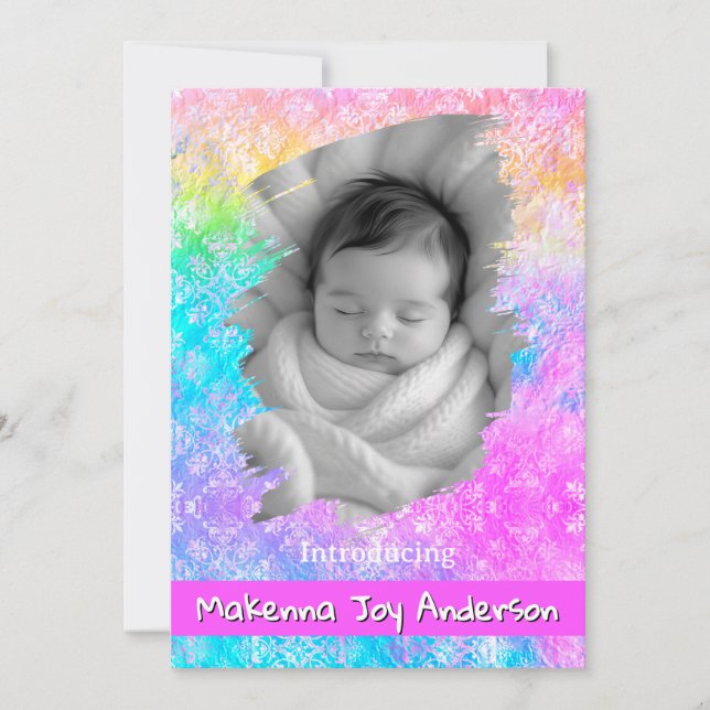 [Rainbow Damask] Soft Pastels Baby Girl Birth Announcement (Front)