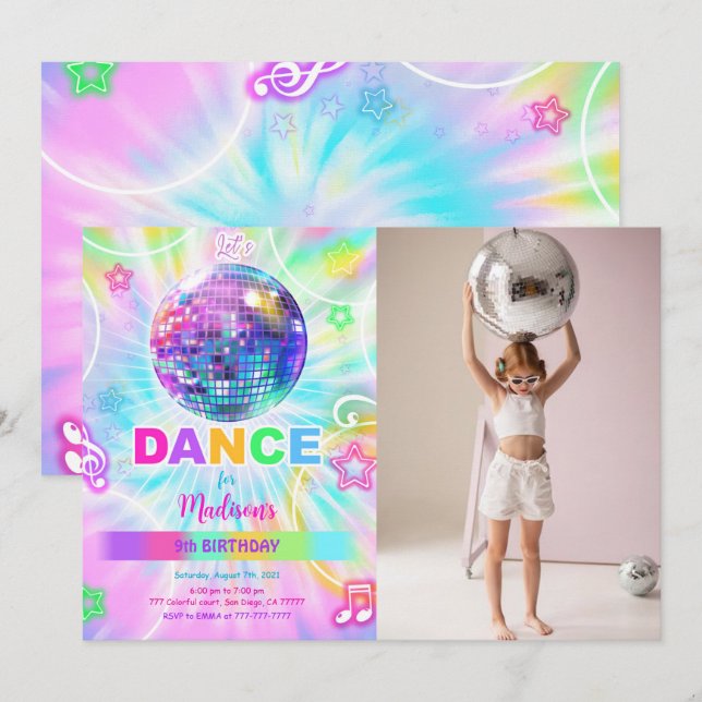 Rainbow Dance Birthday Photo  Invitation (Front/Back)