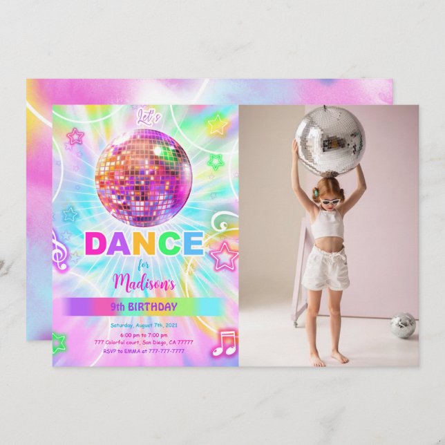 Rainbow Dance Disco Party Neon Glow Photo Invitation (Front/Back)
