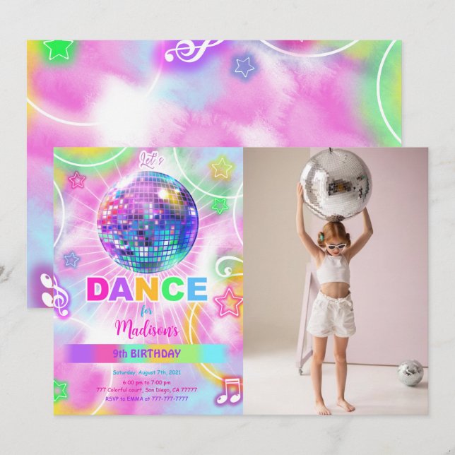 Rainbow Dance Disco Party Neon Glow Photo  Invitation (Front/Back)