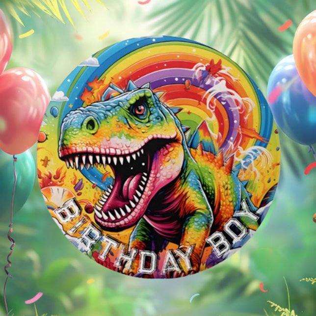 Rainbow dinosaur happy birthday  7.5 cm round badge (Rainbow Dinosaur Happy Birthday Button for Fun Celebrations!)