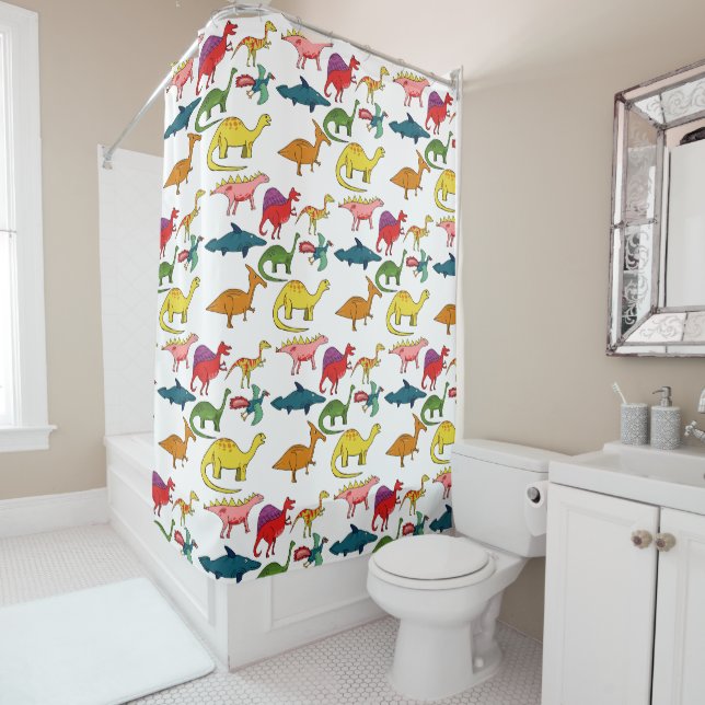 Rainbow DInosaurs Shower Curtain (In Situ)