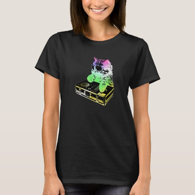 Rainbow Dj Cat  Scratching T-Shirt (Front)