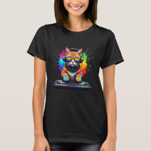 Rainbow DJ Cat with Sunglasses Headphones EDM Musi T-Shirt