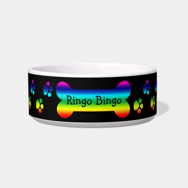 Rainbow Dog Bowl With Paws and Bone (Front)