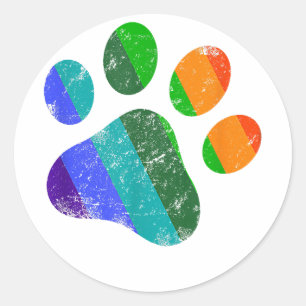 Rainbow Dog Paw Print LGBT Pride Retro Vintage  Classic Round Sticker