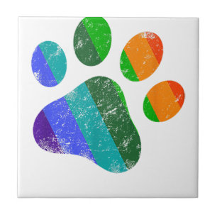 Rainbow Dog Paw Print LGBT Pride Retro Vintage Tile