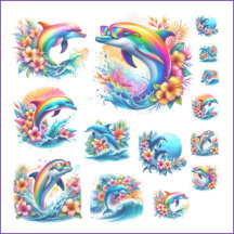 Rainbow Dolphin and Ocean Retro Sticker Sheet