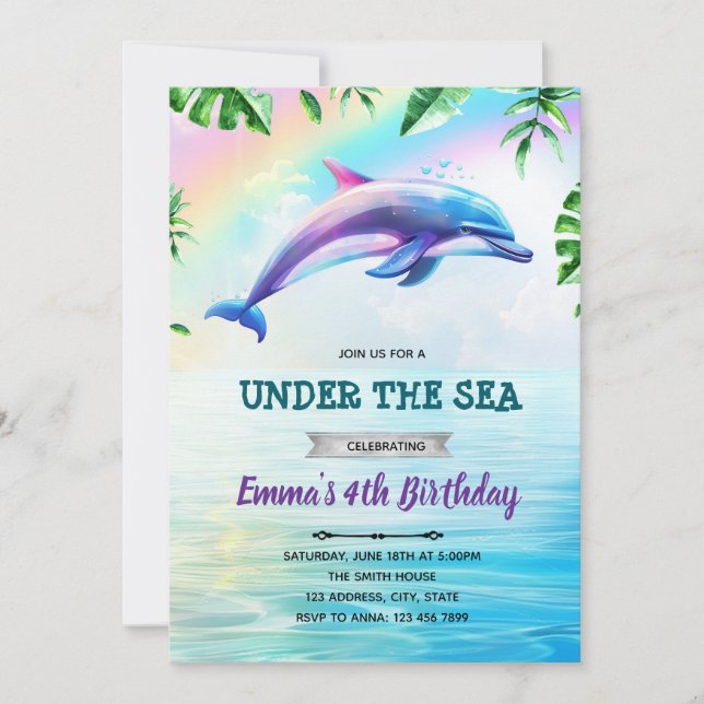 Rainbow dolphin birthday invitation (Front)