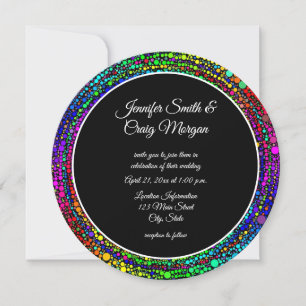 Rainbow Dot Spiral Pattern Black and White Wedding Invitation
