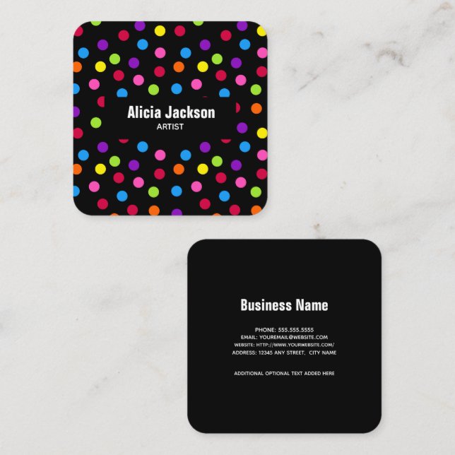Rainbow Dots Bright Black Square Business Card (Front/Back)