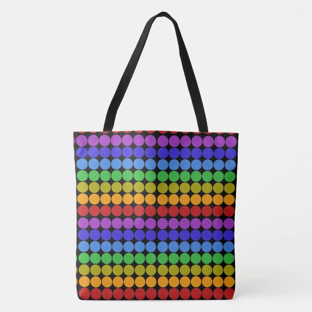 Rainbow dots circles colourful on black tote bag (Front)