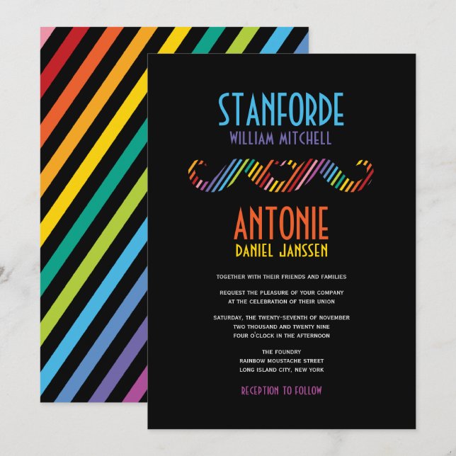 Rainbow Double Moustaches Simple Modern Gay Weddin Invitation (Front/Back)