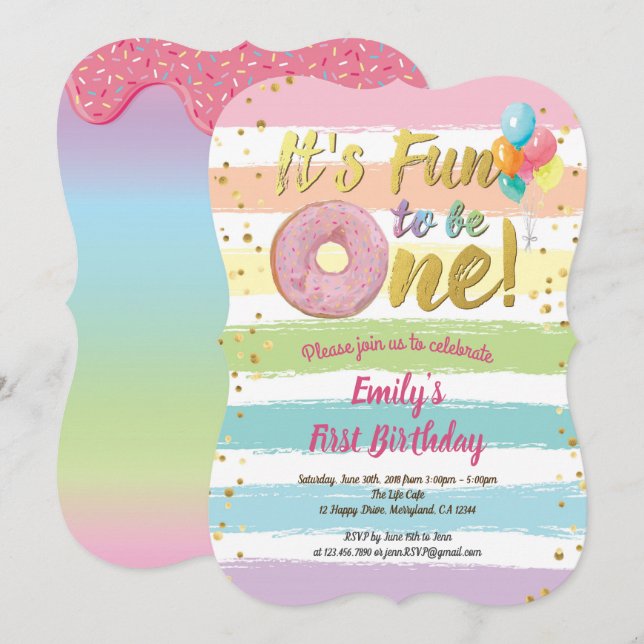 Rainbow doughnut first 1st birthday party girl invitation (Front/Back)