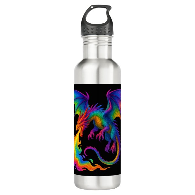 Rainbow dragon breathing colourful flames fantasy 710 ml water bottle (Front)