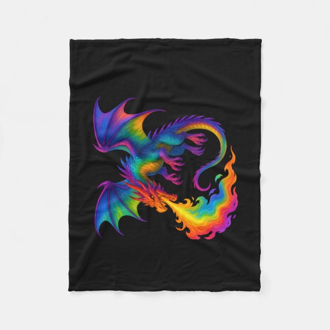 Rainbow dragon breathing colourful flames fantasy fleece blanket (Front)