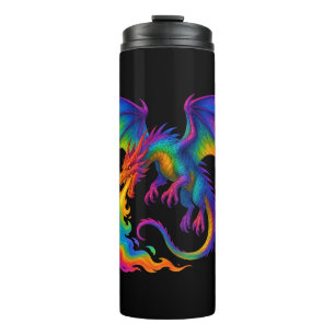 Rainbow dragon breathing colourful flames fantasy thermal tumbler