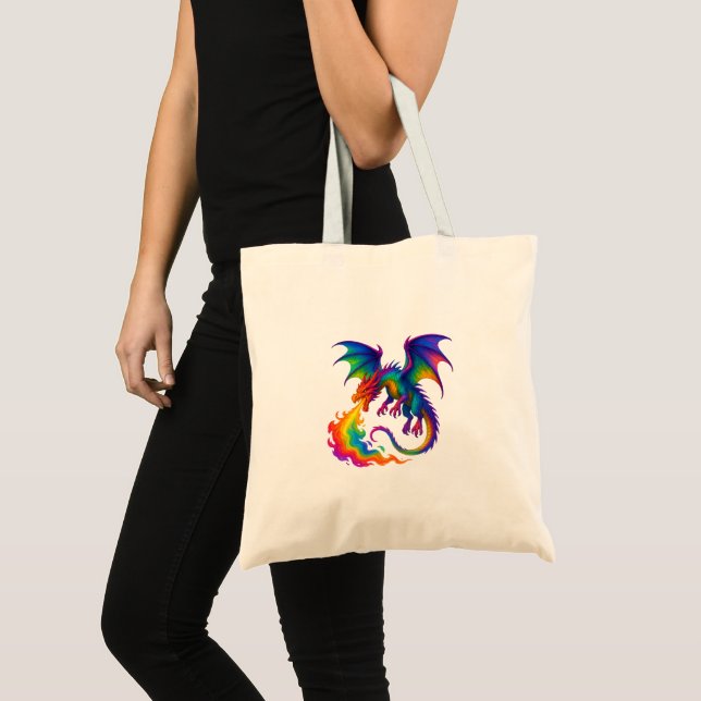 Rainbow dragon breathing colourful flames fantasy tote bag (Front (Product))