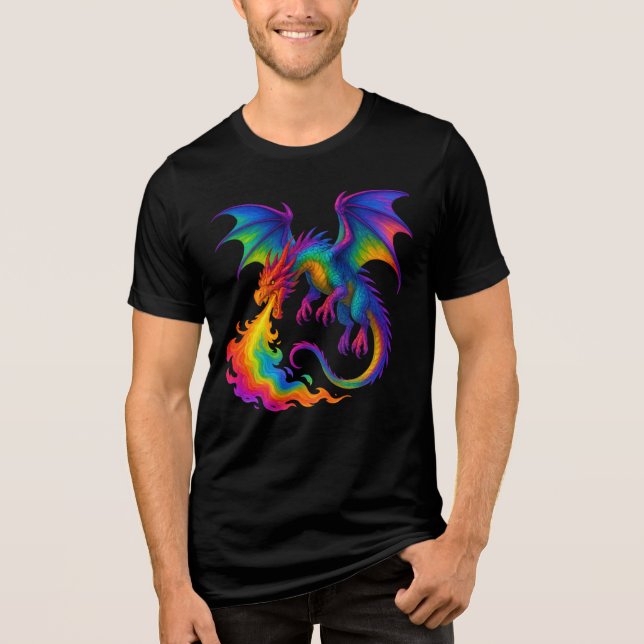 Rainbow dragon breathing colourful flames fantasy Tri-Blend shirt (Front)