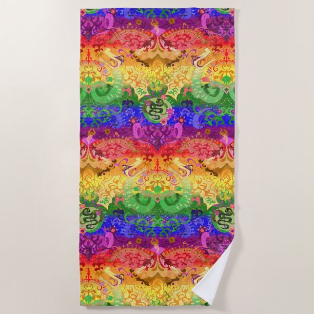 Rainbow Dragon Damask - Gay Pride Flag Colours Beach Towel (Front)