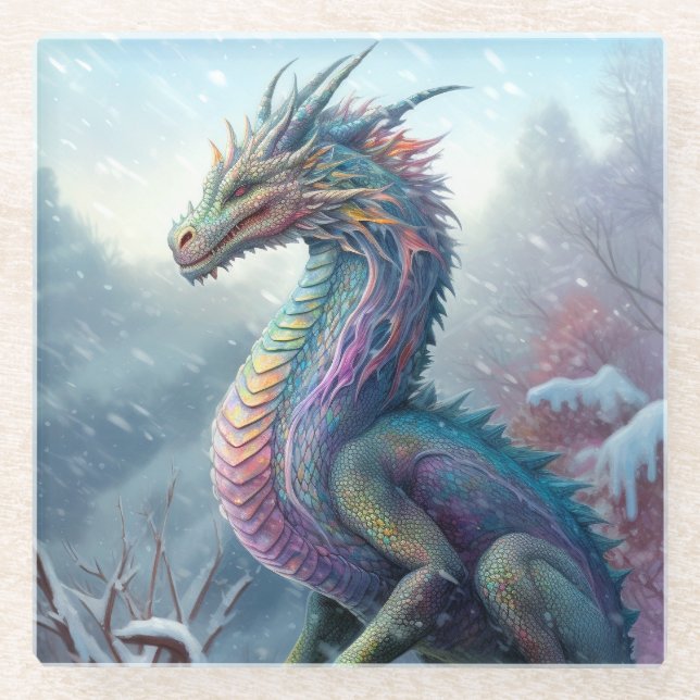Rainbow Dragon In The Snow Fantasy Art Glass Coaster (Front)