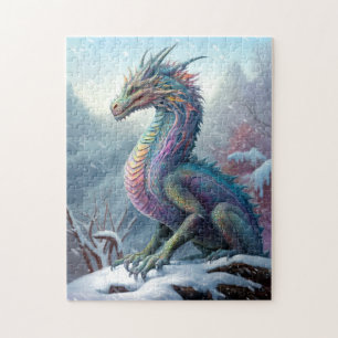 Rainbow Dragon In The Snow Fantasy Art Jigsaw Puzzle