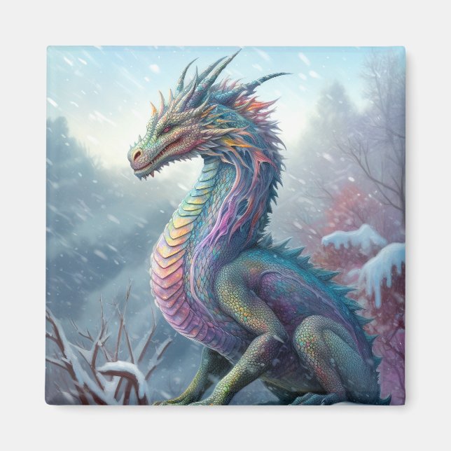 Rainbow Dragon In The Snow Fantasy Art Magnet (Front)