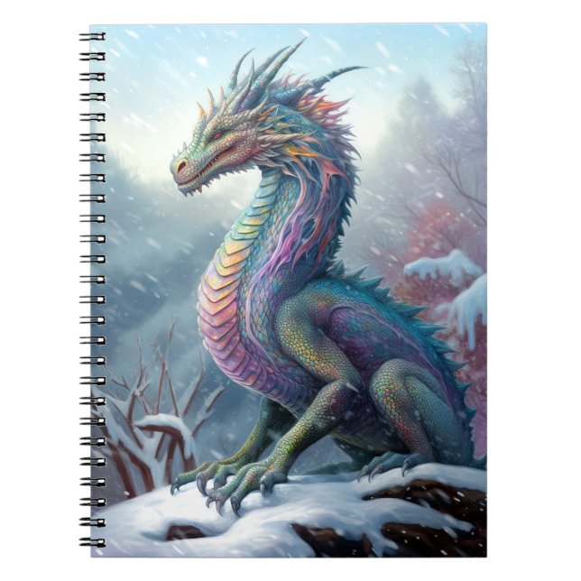 Rainbow Dragon In The Snow Fantasy Art Notebook (Front)