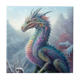 Rainbow Dragon In The Snow Fantasy Art Tile